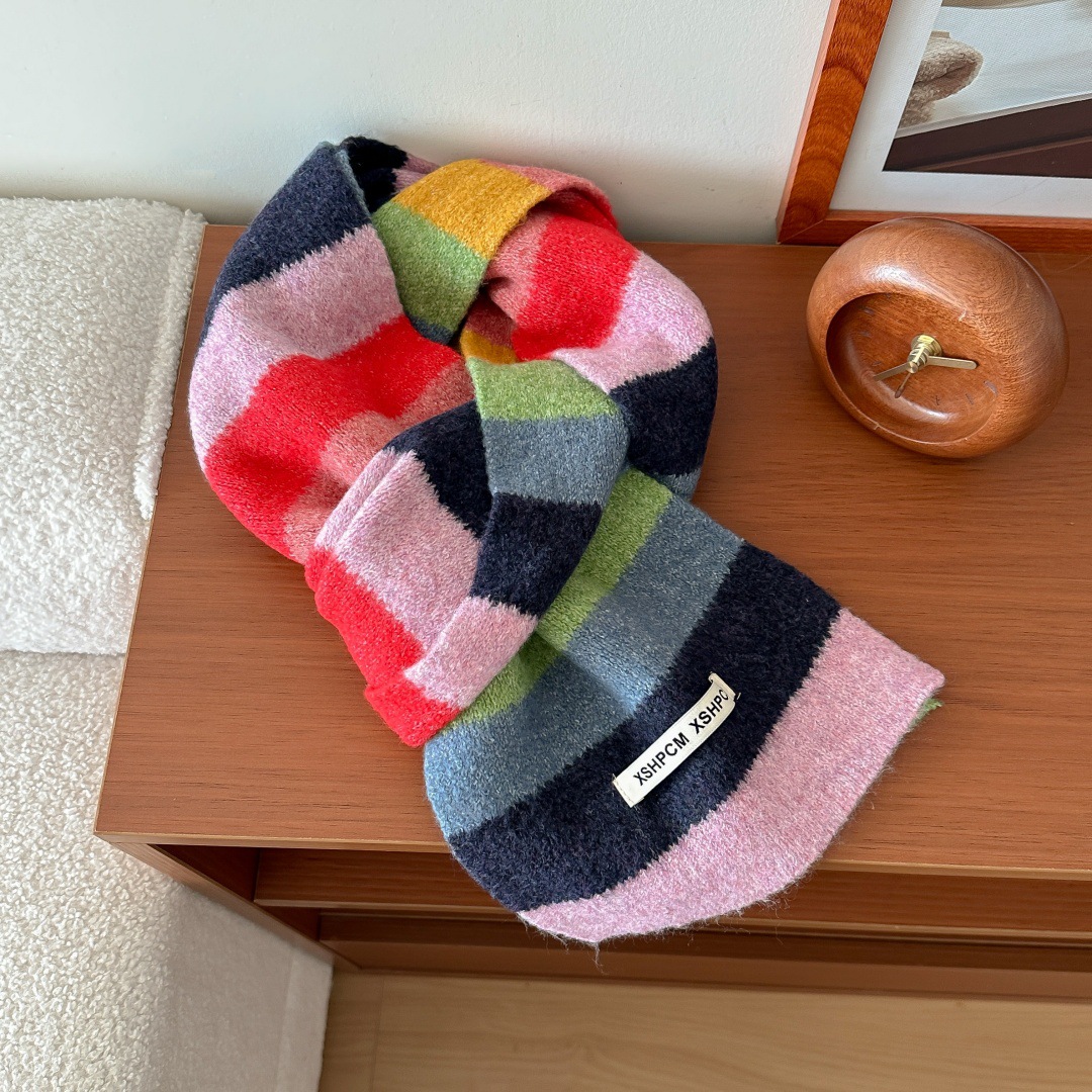 Wool Scarf Men - ผ้าพันคอไหมพรมถักลายสายรุ้ง ยูนิเซ็กส์ ลายบล็อกสี ลายทาง สำหรับฤดูหนาว ผ้าพันคอสั้น