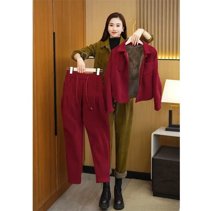 Corduroy Pant Warm - ฤดูใบไม้ร่วงฤดูหนาว Corduroy หนาชุด 2024 สบายๆกางเกงชุดแฟชั่นเพิ่มกํามะหยี่สั้นเสื้อ +