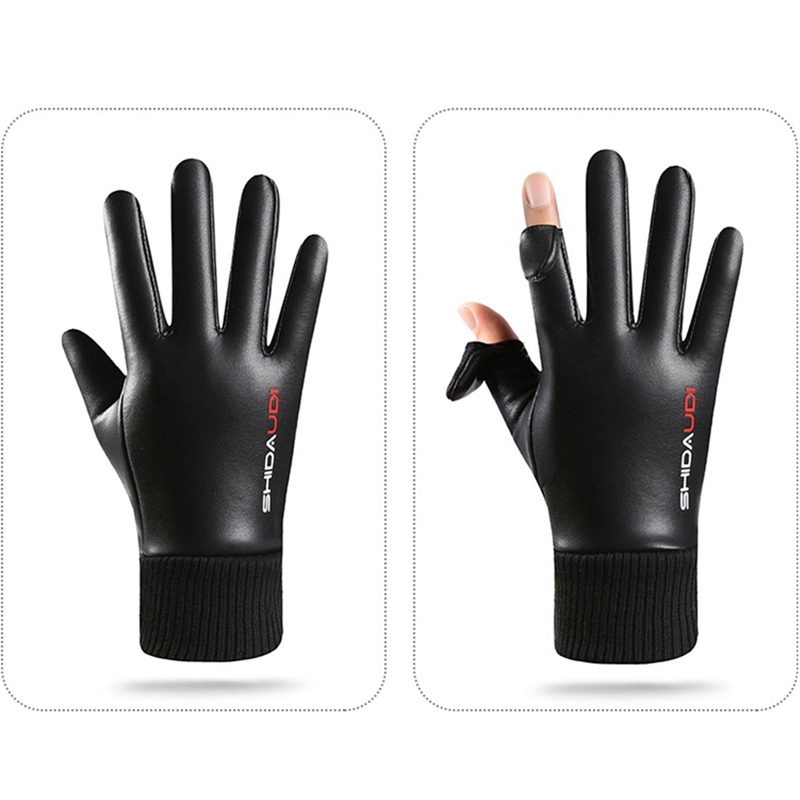 Touch Screen Gloves - ถุงมือขี่มอเตอร์ไซค์และปั่นจักรยานสำหรับผู้ชาย หนัง PU บุขนแกะ ให้ความอบอุ่น กันน้ำ